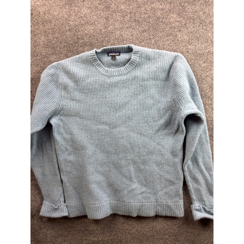 Patagonia Waffle Knit Sweater Mens Large Blue Recycled Wool Blend Crew Neck
